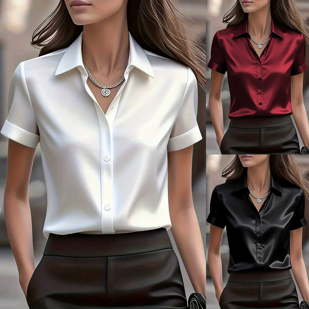 Silk Blouse Button - Elegant Slim Fit Silk Blend Commute