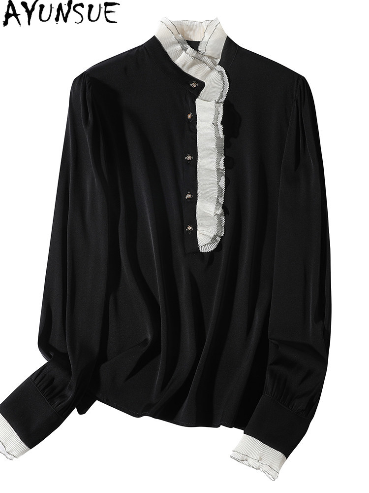 Silk Blouse Button - AYUNSUE 95% Mulberry Silk Shirts Elegant
