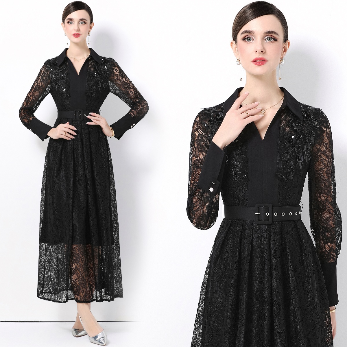 Women Formal Wear Belt - Elegant Long Sleeve Lace Dress with