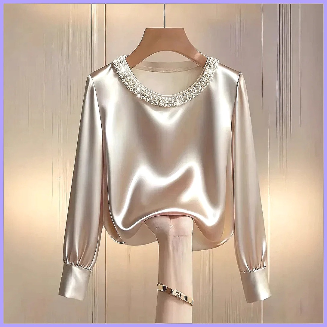 Elegant Beaded Satin Blouse fo - Silk Blouse Button reseña y precio