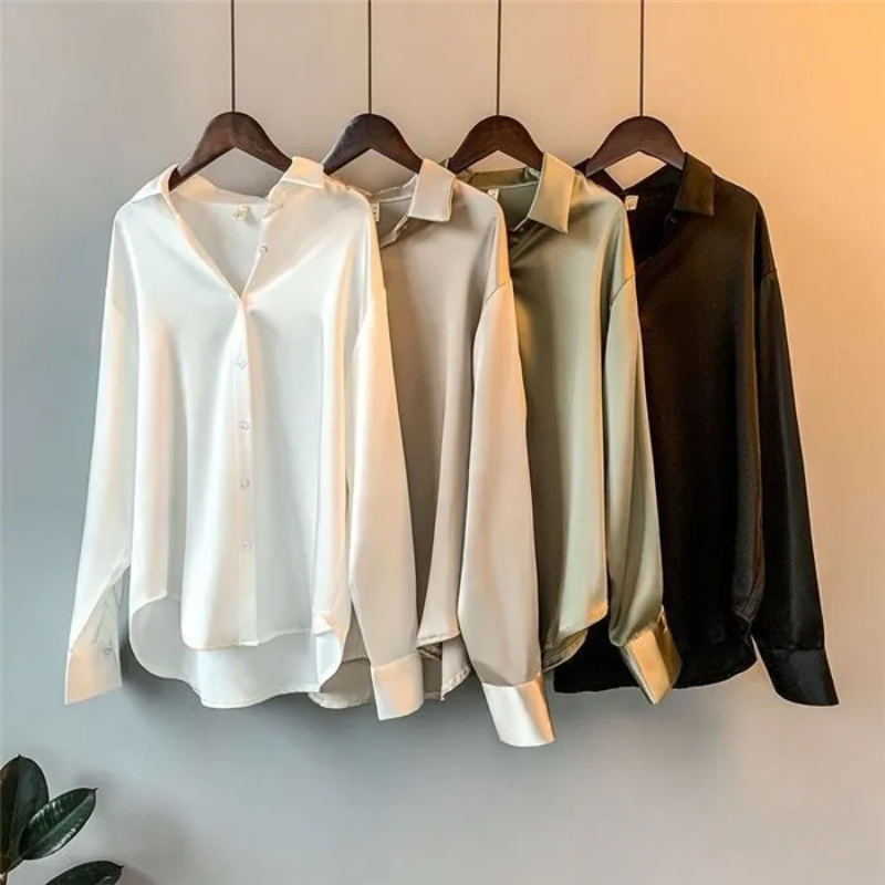 2026 Elegant Satin Loose Women - Silk Blouse Button reseña y precio