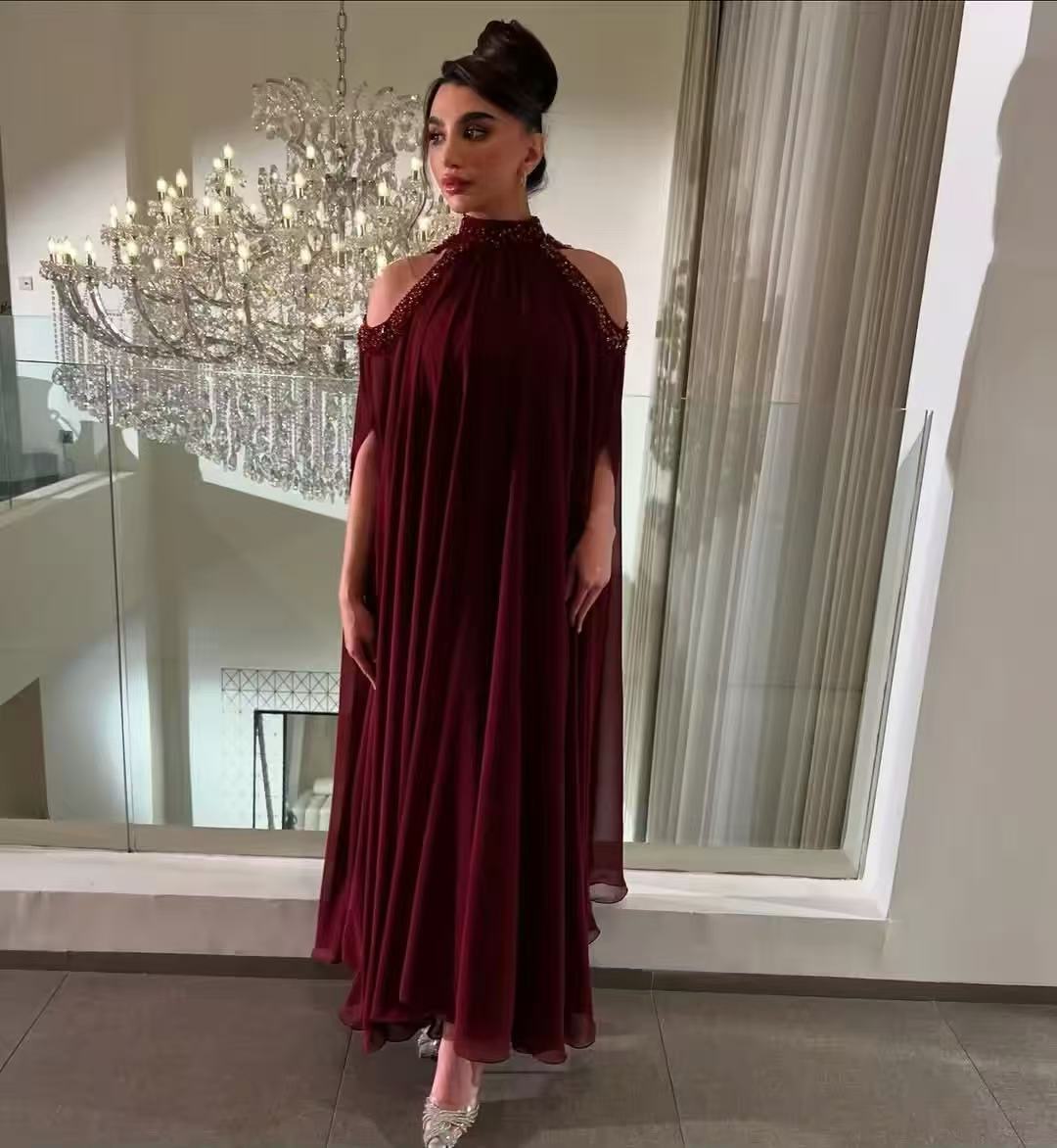 Customized Saudi Burgundy Prom - Women Formal Wear With Tie reseña y precio