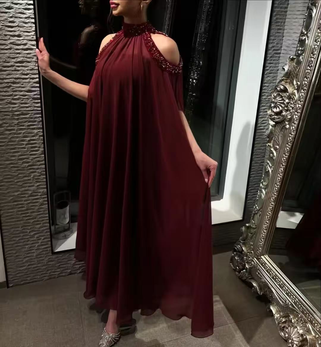 Customized Saudi Burgundy Prom - Women Formal Wear With Tie reseña y precio