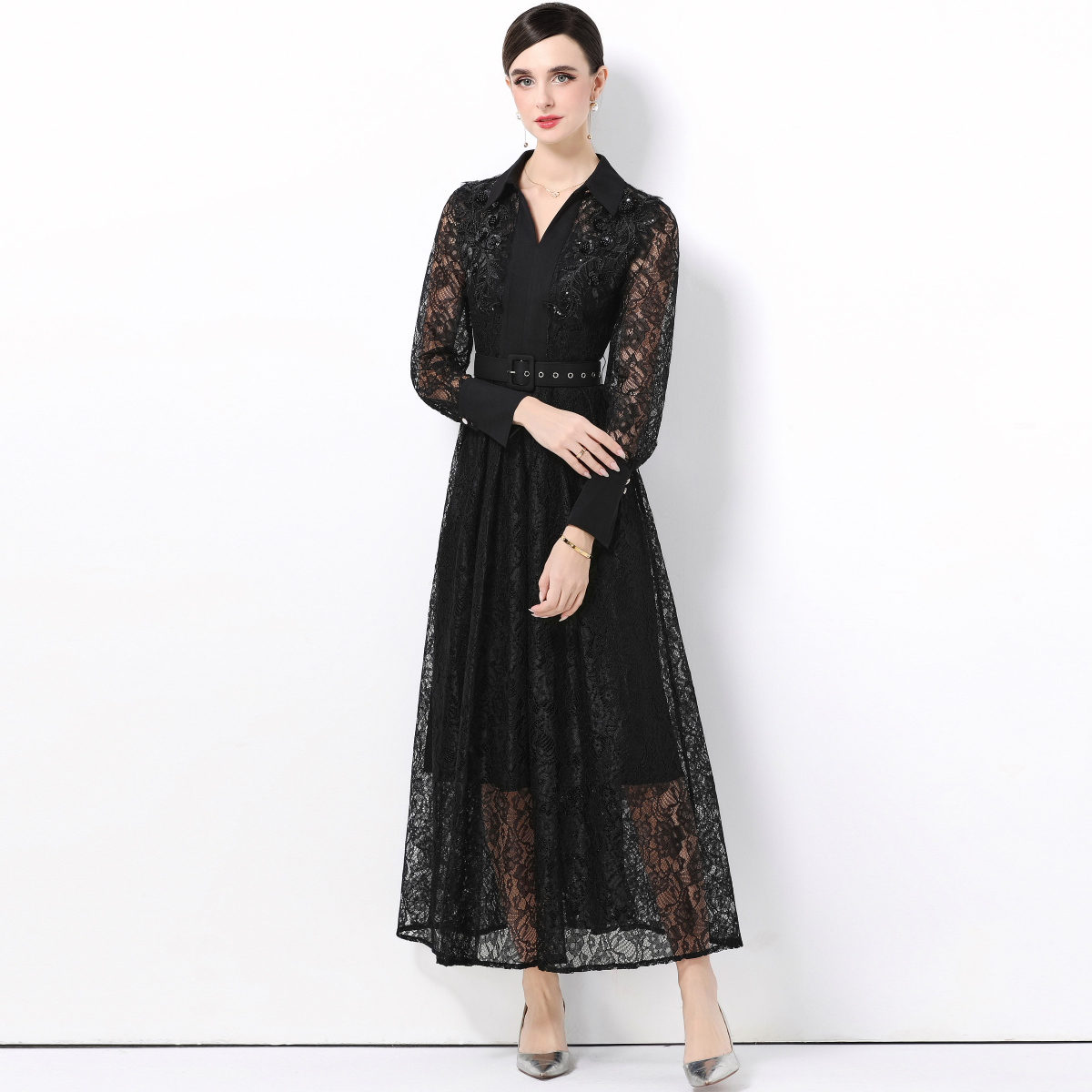 Elegant Long Sleeve Lace Dress - Women Formal Wear Belt reseña y precio