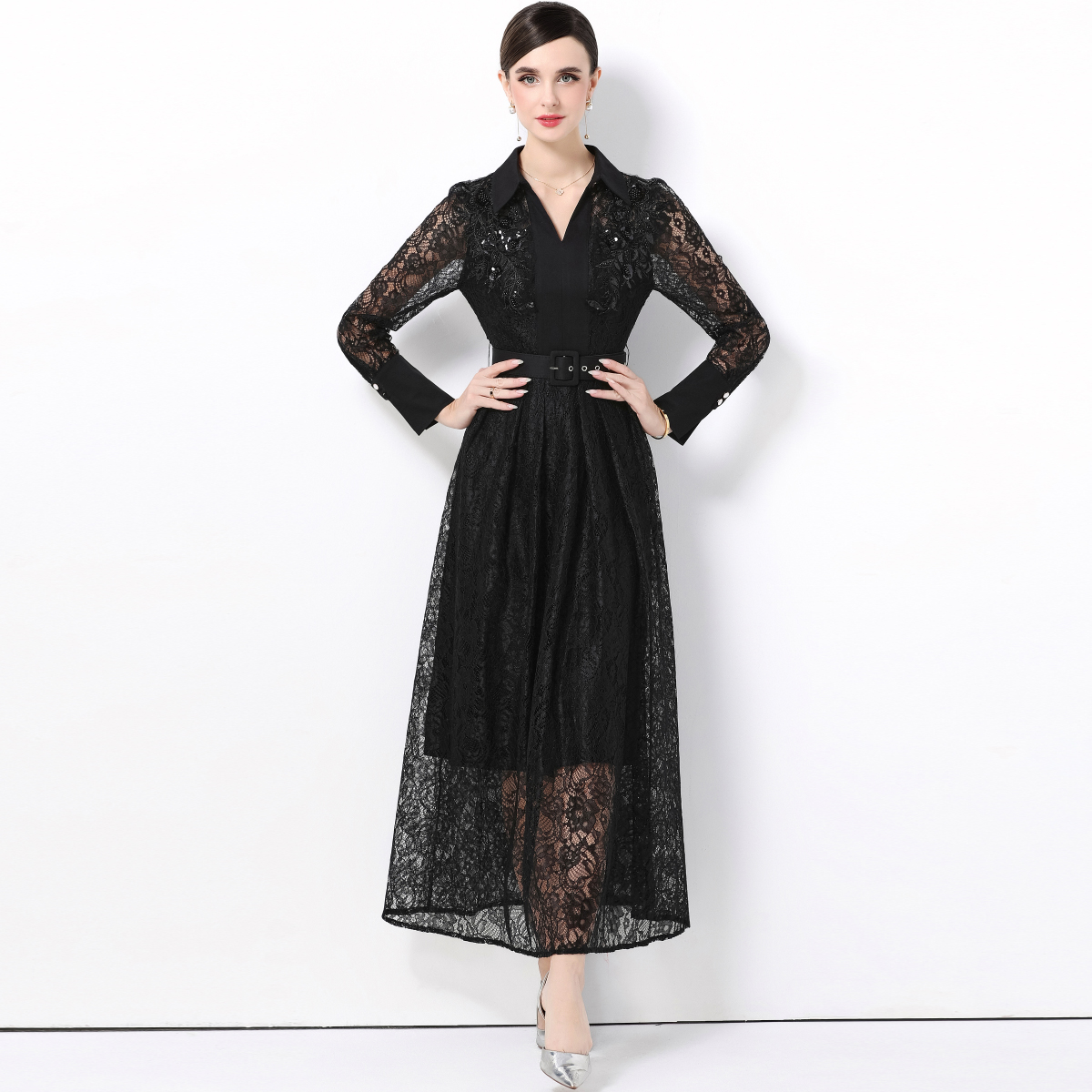 Elegant Long Sleeve Lace Dress - Women Formal Wear Belt reseña y precio