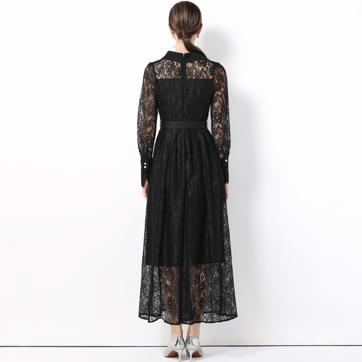 Elegant Long Sleeve Lace Dress - Women Formal Wear Belt reseña y precio