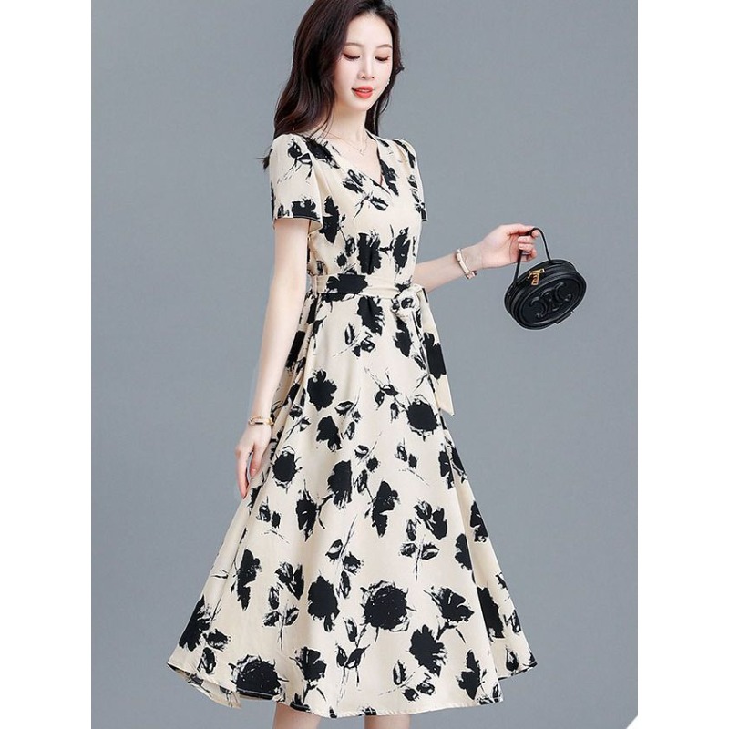 Elegant V-neck Short Sleeve Fl - Women Formal Wear Belt reseña y precio