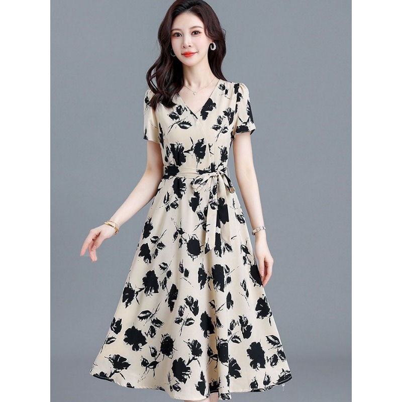 Elegant V-neck Short Sleeve Fl - Women Formal Wear Belt reseña y precio