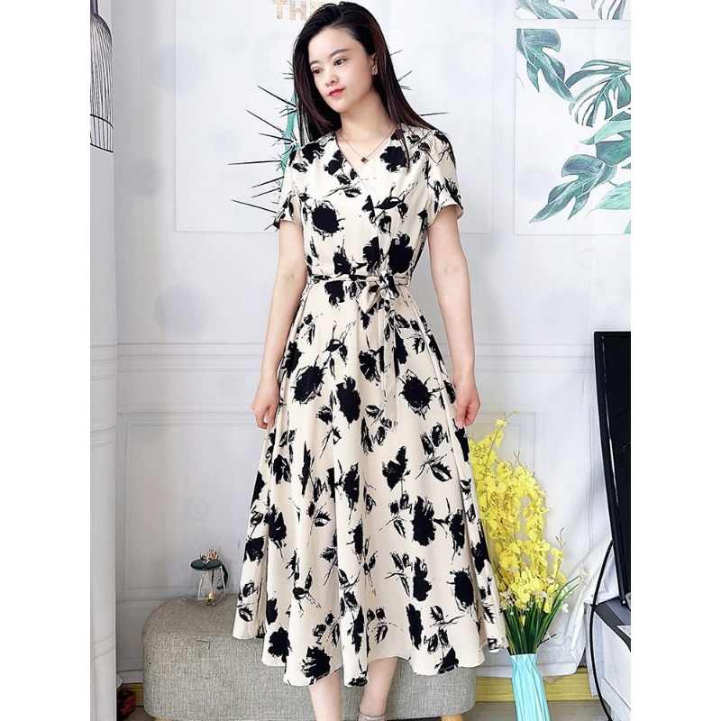 Elegant V-neck Short Sleeve Fl - Women Formal Wear Belt reseña y precio